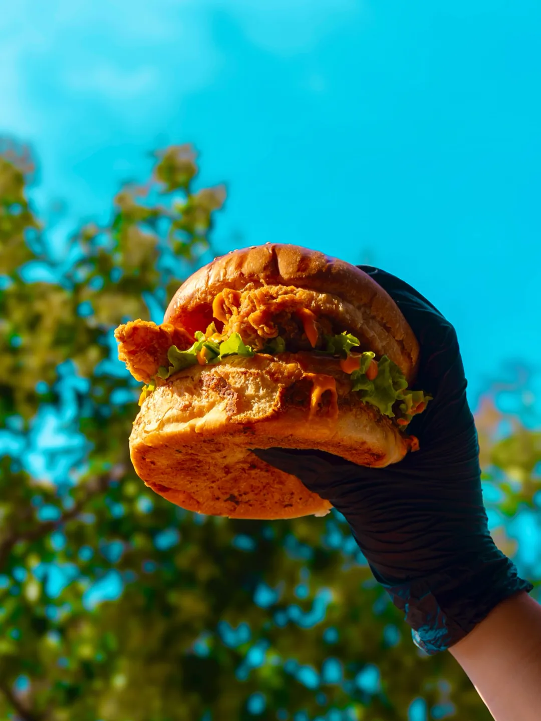 Gökyüzüne doğru tutulan çıtır tavuklu burger